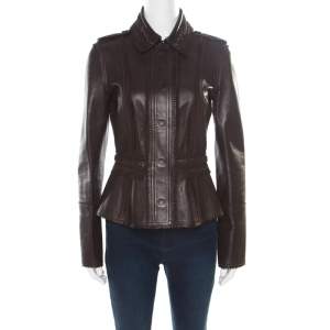 Pre Owned Burberry Prorsum Brown Lamb Leather Fringed Trim Jacket S
