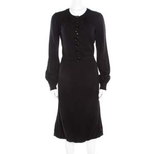 Pre Owned Burberry Black Wool Crepe Buttoned Long Sleeve Balloon Hem Dress M