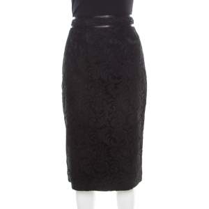 Pre Owned Burberry London Black Floral Lace Leather Trim Detail Pencil Skirt S