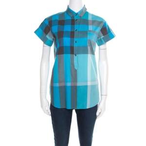 مملوكة مسبقًا قميص بربري بريت قطن بنمط مربعات أكمام قصيرة متعدد الألوان XS