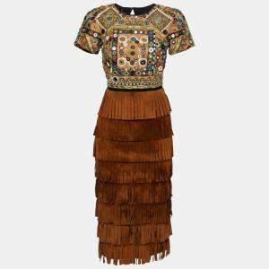 مملوكة مسبقًا Burberry Prorsum Russet Brown Mirror Embellished Fringed Suede Midi Dress S