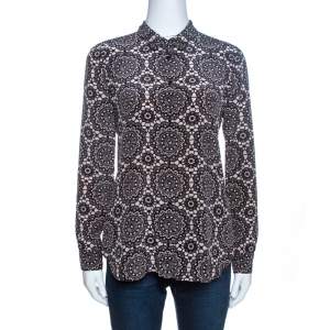 Pre Owned Burberry Bicolor Kensington Lace Print Silk Long Sleeve Shirt S