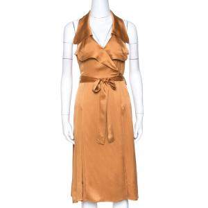 Pre Owned Burberry Bronze Silk Satin Ruffled Wrap Dress S