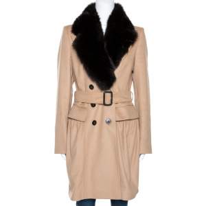 Pre Owned Burberry Beige Cashmere and Fox Fur Lined Belted Coat M
