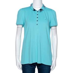 Pre Owned Burberry Brit Teal Blue Cotton Pique Ruffle Collar Polo T Shirt XL