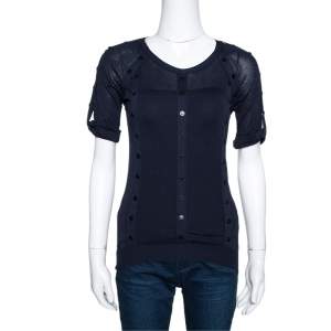 Burberry Prorsum Navy Blue Silk & Cotton Knit Studded Top S