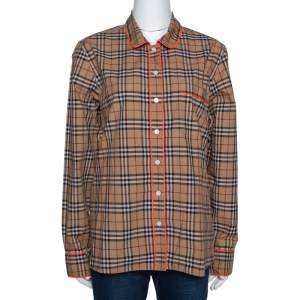 Pre Owned Burberry Beige Checked Cotton Contrast Piping Pyjama Shirt M