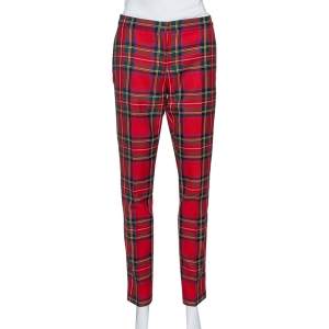 Pre Owned Burberry Red Tartan Check Wool Tailored Trousers S