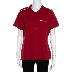 Pre Owned Burberry Brick Red Cotton Pique Shoulder Flap Detail Polo T Shirt XL 