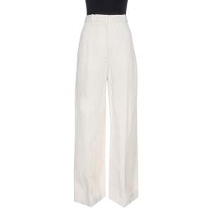 Pre Owned Burberry Cream Linen Canvas Wide Leg Stonewood Trousers M