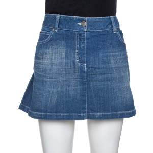 Pre Owned Burberry Blue Denim Pleated Mini Skirt S
