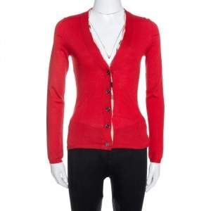 Pre Owned Burberry Brit Red Wool Knit Nova Check Trim Sweater XS