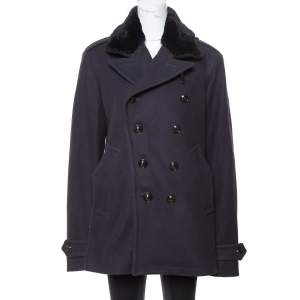 Pre Owned Burberry Navy Blue Wool Shearling Collar Double Breasted Coat XL