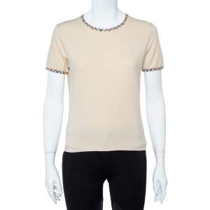Pre Owned Burberry Beige Cotton Check Trimmed Round Neck T-Shirt M