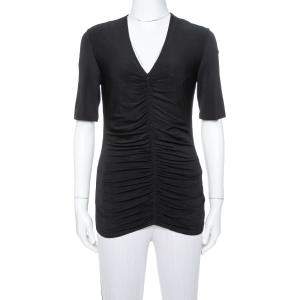 Burberry Black Stretch Knit Ruched V-Neck Top S