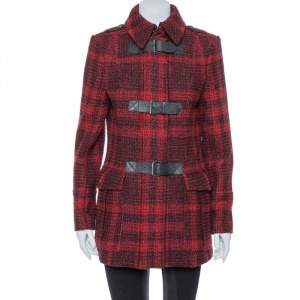 Burberry Brit Red & Black Tweed Buckle Detailed Coat M