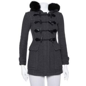 Burberry Brit Grey Wool Fur Trim Detail Hooded Mid Length Coat XS