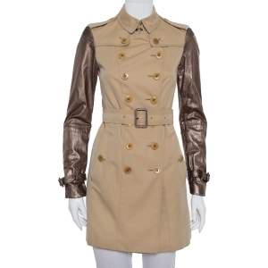 Burberry Beige Cotton Metallic Leather Sleeve Detail Double Breasted Trench Coat S