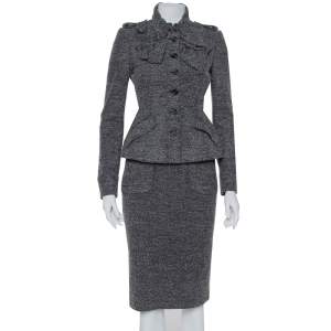 Burberry Grey Boucle Ruched Collared Blazer & Pencil Skirt Set S