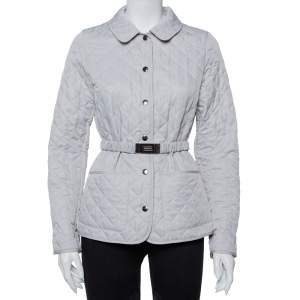 Pre Owned جاكيت بربري خامة صناعي فضي مبطن بحزام بياقة مقاس متوسط - ميديوم