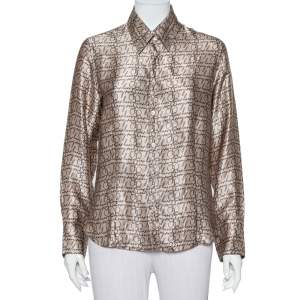 Pre Owned Burberry London Beige Logo Printed Silk Long Sleeve Button Front Shirt L