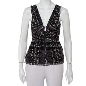 Burberry Black Animal Printed Silk Plunge Neck Draped Peplum Top S