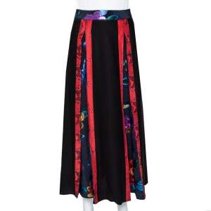 Burberry Black Silk & Metallic Floral Fil Coupe Paneled Midi Skirt XS