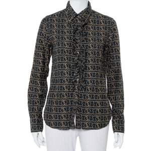 Pre Owned Burberry Black Logo Printed Cotton Ruffled Neck Detail Button Front Shirt M