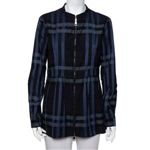 Pre Owned Burberry Navy Blue Checkered Cotton Zip Front Stand Collar Top M