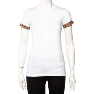 Pre Owned Burberry White Cotton Check Trim Roundneck T-Shirt XS