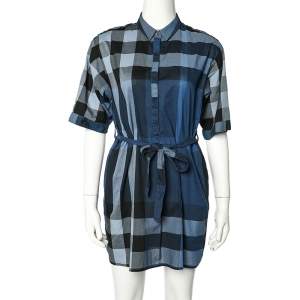 Pre Owned Burberry Brit Blue Checkered Cotton Belted Mini Dress S