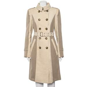 Pre Owned Burberry Beige Paneled Linen Double Breasted Belted Trench Coat L