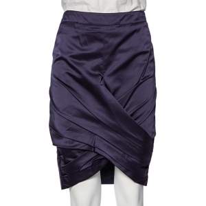 Pre Owned Burberry Navy Blue Satin Pleated Wrap Detail Pencil Skirt S