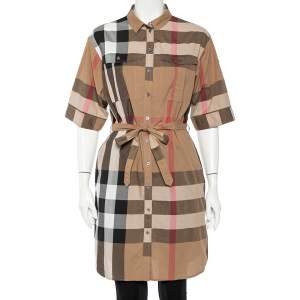 Pre Owned Burberry Brit Beige Vintage Check Cotton Button Front Belted Shirt Dress M