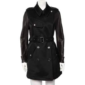Pre Owned Burberry Brit Black Cotton & Leather Sleeve Belted Trench Coat M