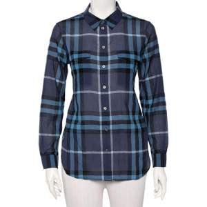 Pre Owned Burberry Navy Blue Checkered Cotton Button Front Shirt M