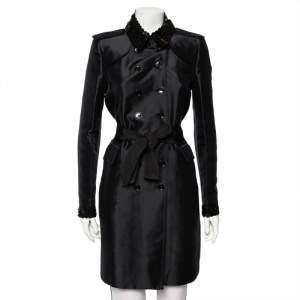 Pre Owned معطف بربري خامة صناعية أسود بحواف ترتر وحزام وصفين أزرار مقاس متوسط - ميديوم  