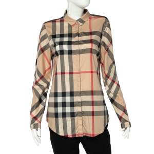 Pre Owned Burberry Brit Beige House Check Stretch Cotton Button Front Shirt L