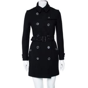 Pre Owned Burberry Brit Black Wool Belted Double Breasted Trench Coat S