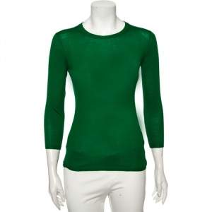 Pre Owned Burberry Brit Green Knit Checked Logo Trim Detail Crewneck Top XS 