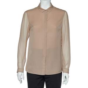 Pre Owned Burberry Tan Silk Crepe Long Sleeve Button Front Blouse S