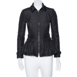 Pre Owned Burberry Black Synthetic Cinched Waist Detail Zip Front Jacket XS