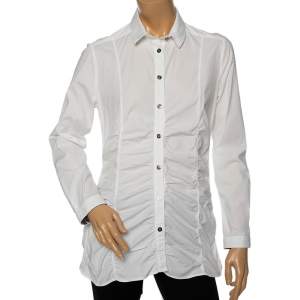 Pre Owned Burberry White Cotton Ruched Waist Button Front Shirt M