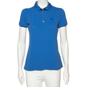 Burberry Blue Cotton Pique Ruched Collar Polo T-Shirt M 