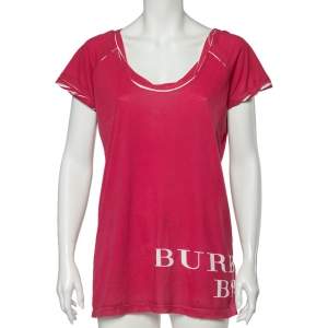Burberry Brit Pink Logo Printed Cotton Scoop Neck Oversized T-Shirt L