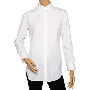 قميص بربري قطن أبيض مزين مطرز شعار الماركة أزرار أمامية مقاس صغير جداً (اكس سمول)