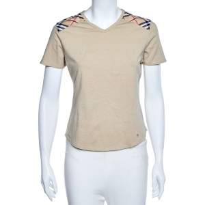 Pre Owned Burberry Beige Stretch Cotton Novacheck Patch Detail Short Sleeve T-Shirt L