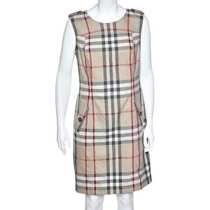 Pre Owned Burberry Beige Nova Check Wool Sleeveless Sheath Dress M