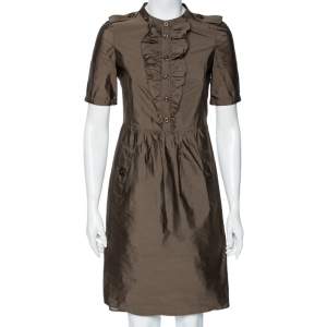 Burberry London Olive Green Ruffle Trim Belted Short Sleeve Dress XS