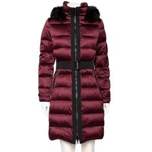 Burberry Burgundy Quilted Synthetic & Fur Trimmed Hooded Down Coat M